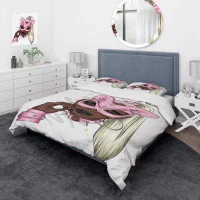 Design Art Woman With Pink Bunny Mask Ii -shabby Elegance Duvet Cover Set - Microfiber Polyester In Pink,white,brown