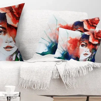 Design Art Woman With Rose - Abstract Printed Throw Pillow