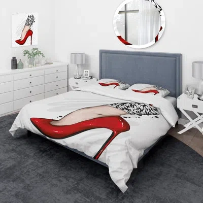 Design Art Women Leg With Stylish Red Heels - Modern Duvet Cover Set - Microfiber Polyester In Black