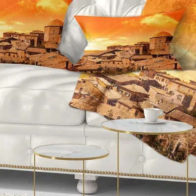 Design Art Wonderful Italy Tuscany Hill At Dawn - Cityscape Printed Throw Pillow In Orange