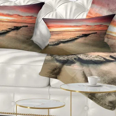Design Art Wonderful Sunrise On Black Ocean - Sea & Shore Printed Throw Pillow