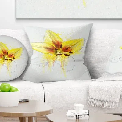 Design Art Wonderful Yellow Lily Flower Sketch - Floral Printed Pillow
