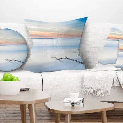 Design Art Wood Branch On Beach At Twilight - Sea & Shore Printed Pillow In Blue;white
