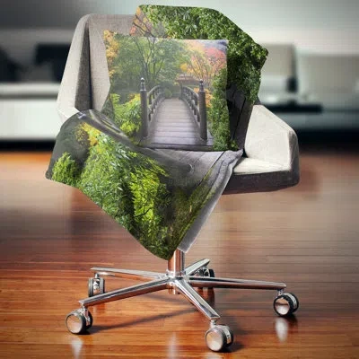Design Art Wood Bridge At Japanese Garden In Fall - Pier & Bridge Printed Pillow In Green