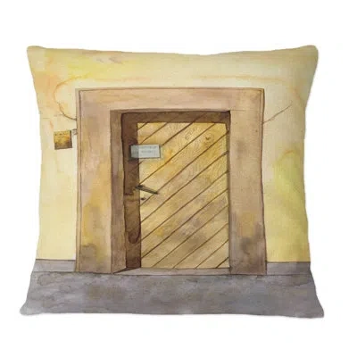 Design Art Wood Door In Stone Wall - Vintage Printed Throw Pillow In Brown