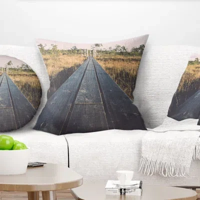 Design Art Wood Footpath On The Bog In Fall - Landscape Printed Pillow In Green