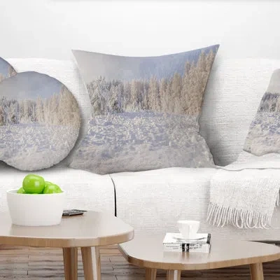Design Art Wood Winter Glade - Landscape Printed Pillow In Blue;black;brown;green;red;yellow