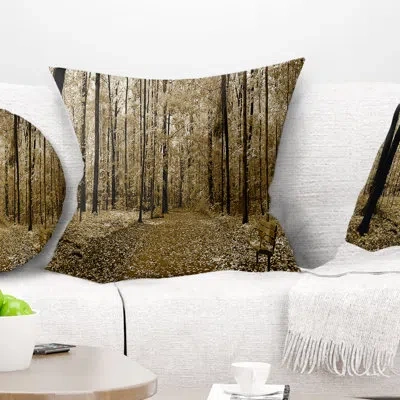 Design Art Wooded Forest Panoramic View - Forest Printed Pillow In Brown