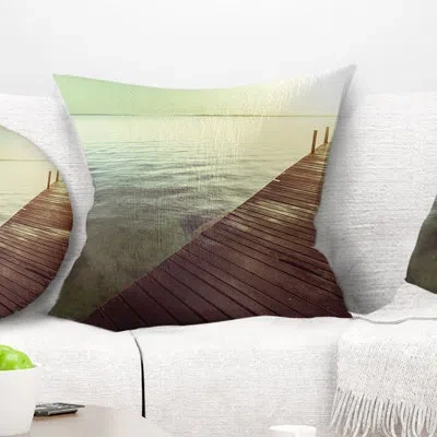 Design Art Wooden Boardwalk Over Clear Waters - Pier & Bridge Printed Pillow In Blue;black;brown;green;red;yellow