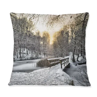 Design Art Wooden Bridge In Snow Winter River - Traditional Printed  Printed Pillow In White;gray;yellow