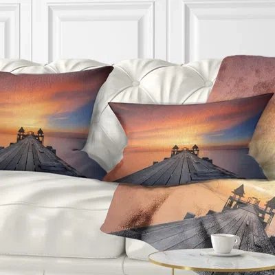 Design Art Wooden Bridge Straight Into The Sea - Pier & Bridge Printed Pillow In Blue;black;brown;green;red;yellow