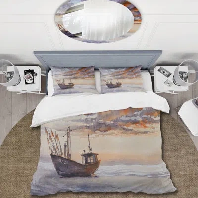 Design Art Wooden Fishing Boat On The Baltic Shore - Nautical & Coastal Duvet Cover Set - Microfiber Polyester In Gray