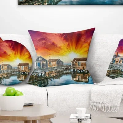 Design Art Wooden Homes At Sunset - Landscape Printed Pillow