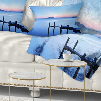 Design Art Wooden Pier In Blue Sea - Sea & Shore Printed Throw Pillow