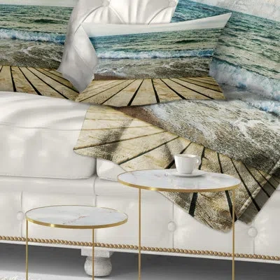 Design Art Wooden Pier In Waving Sea - Sea & Shore Printed Throw Pillow