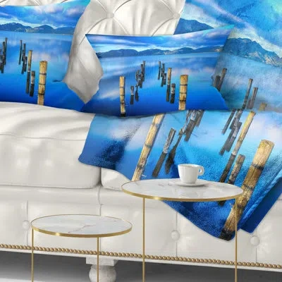 Design Art Wooden Pier Remains In Blue Sea - Sea & Shore Printed Throw Pillow