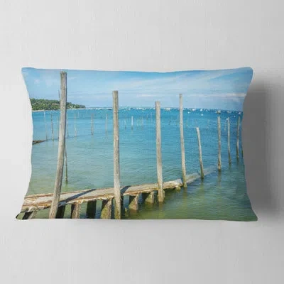 Design Art Wooden Piers By Blue Sea - Sea & Shore Printed Throw Pillow