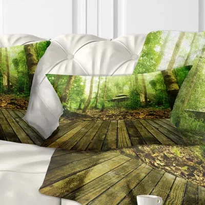 Design Art Wooden Platform In Forest Landscape Photography Lumbar Pillow In Green