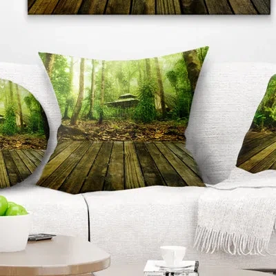 Design Art Wooden Platform In Green Forest - Landscape Printed Throw Pillow