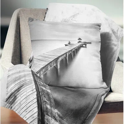 Design Art Wooden Sea Bridge - Sea & Shore Printed Pillow In Gray