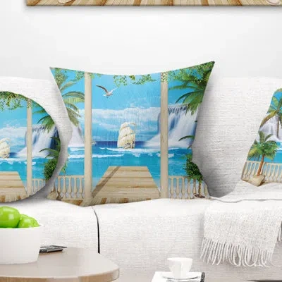 Design Art Wooden Terrace With Sea View - Landscape Printed Pillow