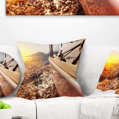 Design Art Yacht Sailing Against Sunset - Sea & Shore Printed Pillow In Pink