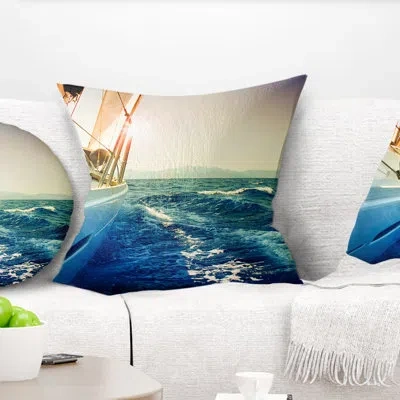 Design Art Yacht Sailing In Wavy Waters - Sea & Shore Printed Pillow In Blue