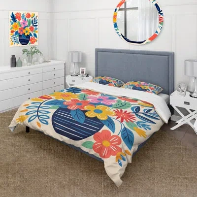 Design Art Yellow And Blue Bohemian Vase Pottery Blooms Iii - Boho Pottery Duvet Cover Set In Blue;yellow
