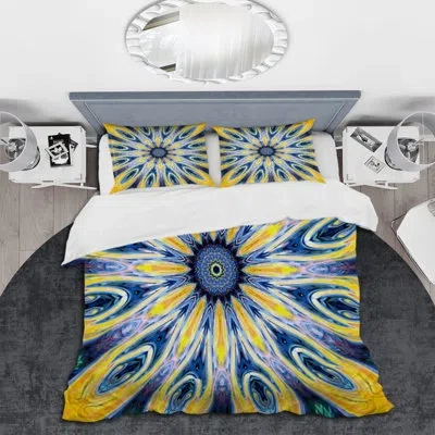 Design Art Yellow And Blue Fractal Flower - Modern Duvet Cover Set - Microfiber Polyester In Yellow,blue