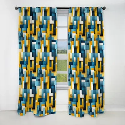 Design Art Yellow And Blue Geometric Blocks Harmony - Abstract Geometric Blackout Curtain - 1 Panels In Green;yellow
