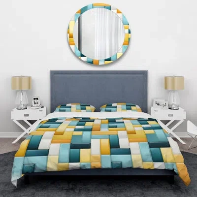 Design Art Yellow And Blue Geometric Blocks Harmony I Duvet Cover Set In Green;yellow