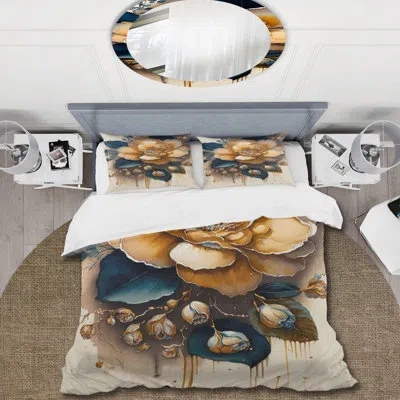 Design Art Yellow And Dark Blue Camellia Flower I - Floral Camellia Duvet Cover Set - Microfiber Polyester In Blue;yellow