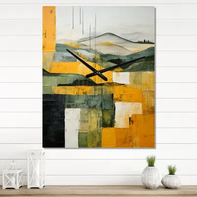 Design Art Yellow And Green Pastoral Bold Landscape Ix - Abstract Modern Wall Clock In Green;yellow