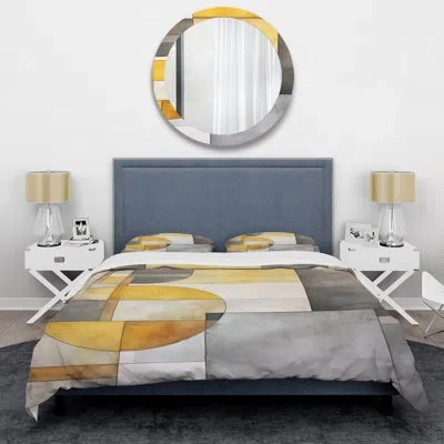 Design Art Yellow And Grey Intersecting Realities I - Abstract Duvet Cover Set - Microfiber Polyester In Gray;yellow