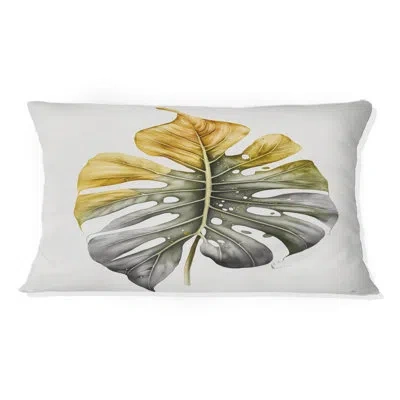 Design Art Yellow And Grey Philodendron Leaf I - Floral Printed Throw Pillow In White;yellow