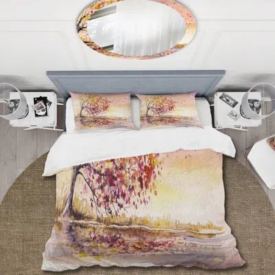 Design Art Yellow And Orange Autumn Tree - Traditional Duvet Cover Set - Microfiber Polyester In Pink,yellow,orange