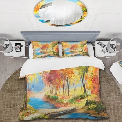 Design Art Yellow And Orange Trees By The Riverside - Lake House Duvet Cover Set - Microfiber Polyester