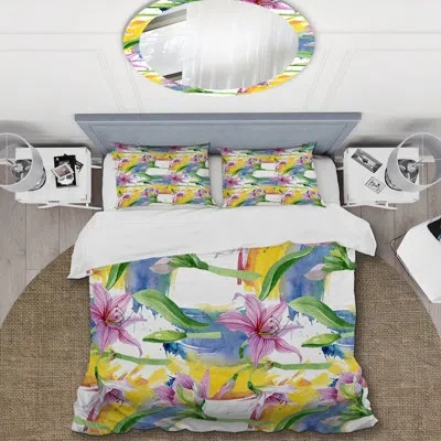 Design Art Yellow And Pink Flowers - Floral Duvet Cover Set - Microfiber Polyester