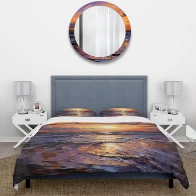 Design Art Yellow And Purple Oceans Sunset  Embrace Iii - Coastal Sunset Duvet Cover Set In Yellow;purple
