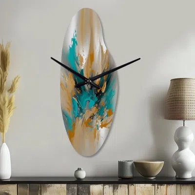 Design Art Yellow And Turquoise Marble Fluid Ink - Marble Curved Metal Wall Clock, Modern Asymmetrical Wall Clo In Green;yellow