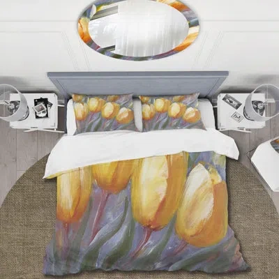Design Art Yellow Blooming Tulips - Traditional Duvet Cover Set - Microfiber Polyester In Orange,gray,green