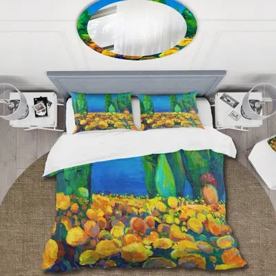 Design Art Yellow Blossoming Landscape With Green Trees - Traditional Duvet Cover Set - Microfiber Polyester In Yellow,green,blue