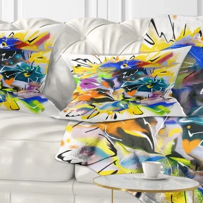 Design Art Yellow Blue Abstract Floral Design - Floral Printed Throw Pillow
