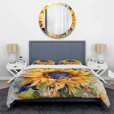 Design Art Yellow Blue Golden Cheerful Sunflowers - Floral Duvet Cover Set In Blue;yellow
