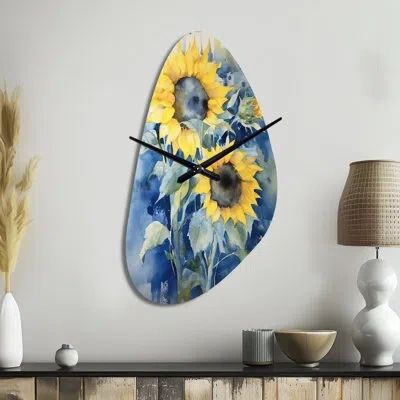 Design Art Yellow Blue Sunflower Golden - Asymmetrical Floral Metal Clocks, Irregular Shape Metal Wall Clock Pr