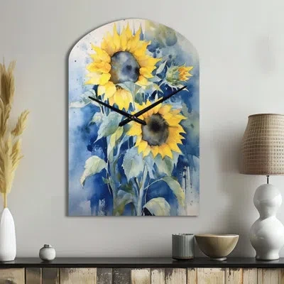 Design Art Yellow Blue Sunflower Golden - Floral Asymmetrical Metal Wall Clock, Yellow Arch Metal Wall Clock Pr