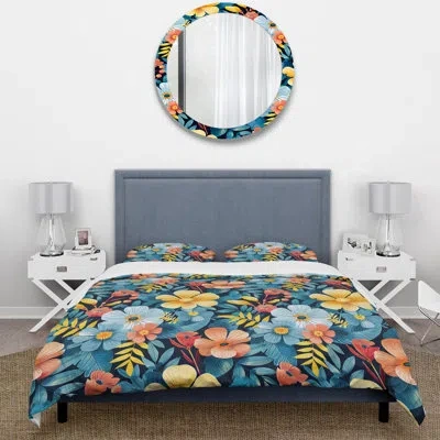 Design Art Yellow Blue Tropical Blooms Ii - Midcentury Duvet Cover Set In Blue;yellow