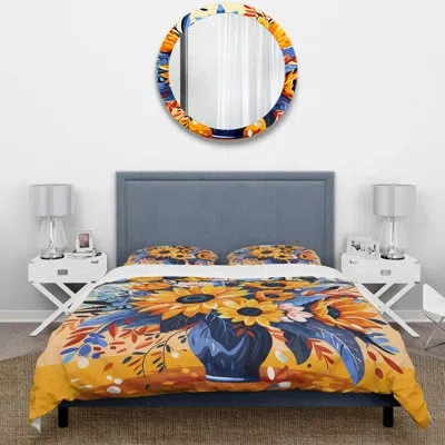 Design Art Yellow Boho Sunflower Bouquet Elegance I - Sunflower Duvet Cover Set In Blue;yellow