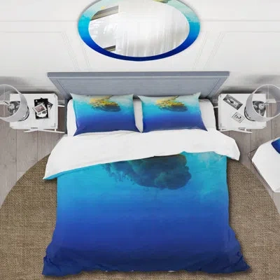 Design Art Yellow Drip In Ocean Of Blue And Turquoise - Modern Duvet Cover Set - Microfiber Polyester In Blue,yellow