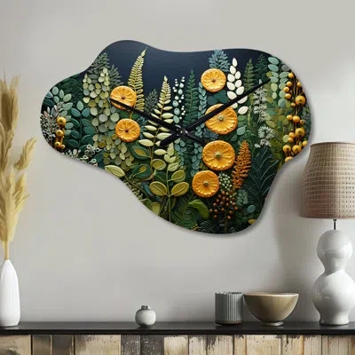 Design Art Yellow Ferns Plant Forest Tapestry - Ferns Asymmetrical Metal Wall Clock, Modern Cloud Wall Clock Pr In Green;yellow